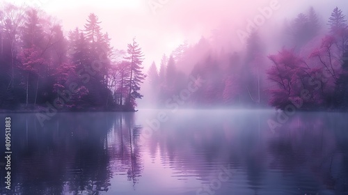 A minimalist scene of a lavender fog rolling over a tranquil lake  reflecting the soft purple hues on the water s surface.