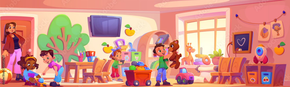 Obraz premium Kindergarten room interior with little kids playing with toys and woman babysitter. Cartoon vector illustration of children and teacher in nursery classroom. Daycare and montessori indoor playground.
