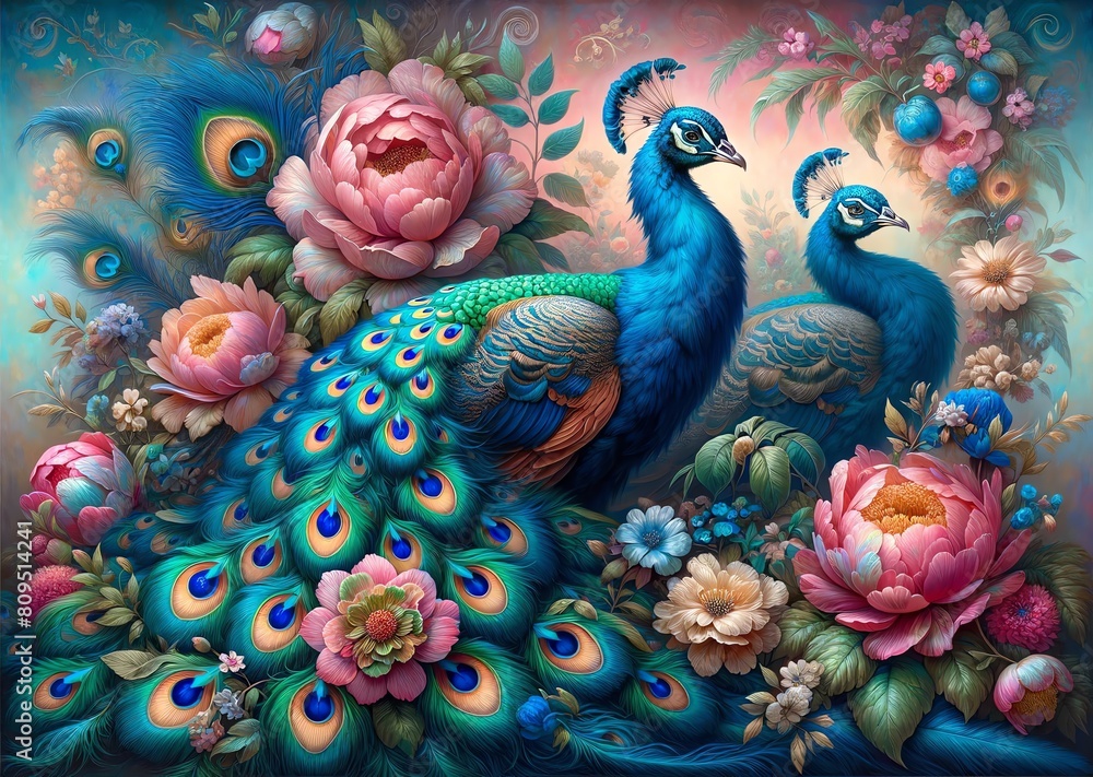 Image of two peacocks in a mystical garden
