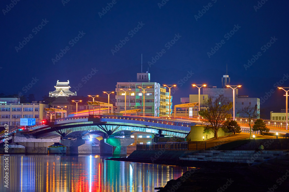 Obraz premium 島根県松江市殿町方面の夜景を白潟公園から見る(松江城,宍道湖大橋など)