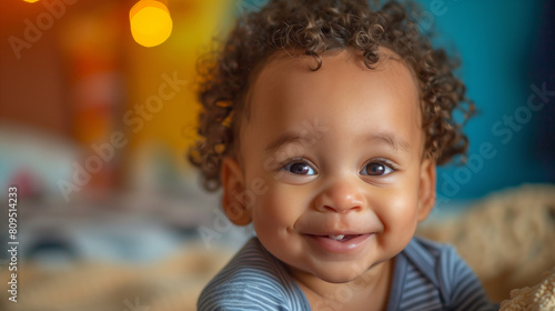 Cute black baby boy toddler smiling with a toothless smile.