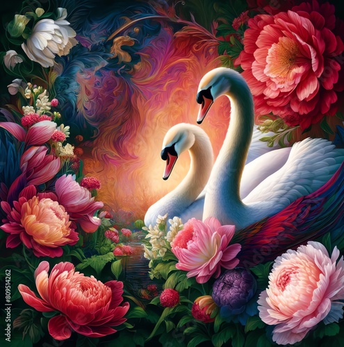Fototapeta Naklejka Na Ścianę i Meble -  Image of two swans in a mystical garden