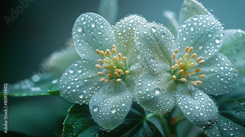 A photorealistic close-up of spring flowers and leaves, each surface beaded with morning dew, highlighted in shades of green and aqua, showcasing the vivid details and freshness of early spring.