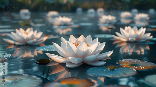 A photorealistic close-up of water lilies and their reflections in the water  capturing the intricate details of the petals and the peaceful ambiance of their natural setting.