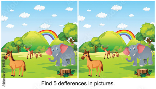 After the rain, the animals were walking. find 5 differences in the picture.