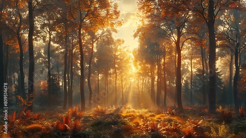 A photorealistic depiction of a forest at dawn  with the first rays of light filtering through the trees  casting long shadows and soft  warm hues that highlight the tranquility of the early morning.