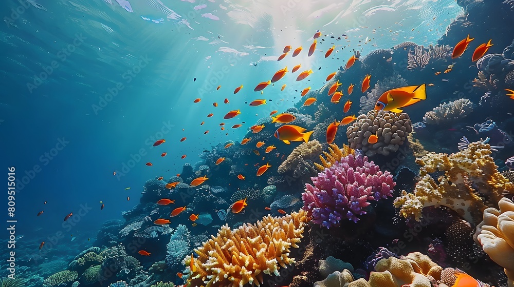 Fototapeta premium Dive into the vibrant underwater world of the Red Sea, where coral reefs and colorful fish create an enchanting scene for aquatic enthusiasts to explore.