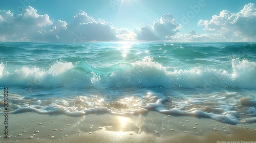 A photorealistic depiction of crystal-clear waves rolling onto a beach, the water's aqua and mint green colors sparkling in the sunlight, highlighting the purity and freshness of the sea. photo