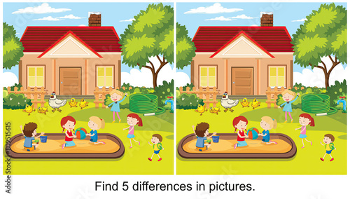 Children playing in the pool in front of the house find 5 differences in the picture.