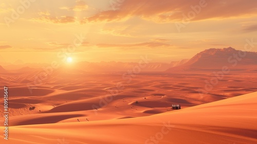 The sun dips below the horizon  casting a warm golden glow over the smooth  windswept sand dunes of a vast and majestic desert landscape. The sun sets over a vast desert. Resplendent.