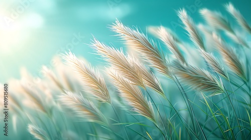 A photorealistic scene capturing the movement of a soft breeze through a field of tall grass, the blades bending in mint and aqua hues under the gentle wind, creating a dynamic yet peaceful scene.