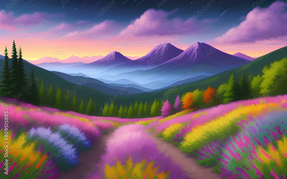 Beautiful and Peaceful Nature Scenery Illustration, Landscape, Countryside, Tranquil, Vibrant and Colorful