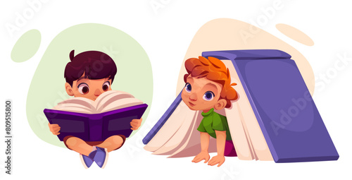 Boy kid read book in school library cartoon vector. Cute and happy pupil character learn story and study english in preschool isolated icon set. Young student reader sit with literature clipart photo