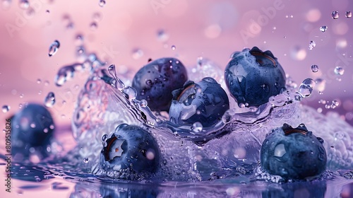 Food shot  super wide angle blueberries waterfall splash  liquid explosion against pastel color background  Focus on Blueberries with high resolution