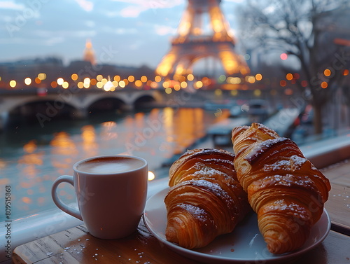 Crossaint und Kaffee in Paris / Frühstück mit Blick auf den Eiffelturm / Tourismus Poster / Frühstück in Paris Wallpaper / Ai-Ki generiert photo