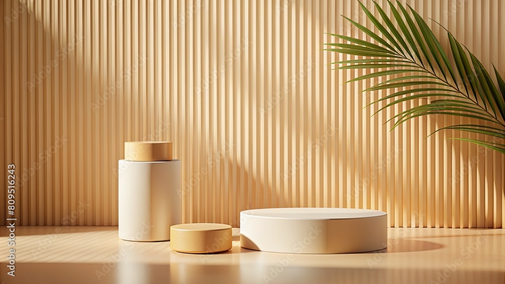 Podium for product display with palm leaf in the background Podium for product display with palm leaf in the background
