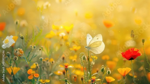 A field of wildflowers against golden sunlight. A colorful artistic image with a soft focus, beautiful bokeh, idyllic pastoral landscape. Natural summer panorama