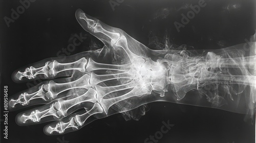 A hand is shown in a black and white photo, with the bones of the hand visible