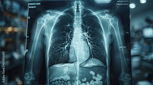 X-ray of a human torso with visible heart and lungs, utilized in cardiopulmonary diagnostics and health screenings. photo