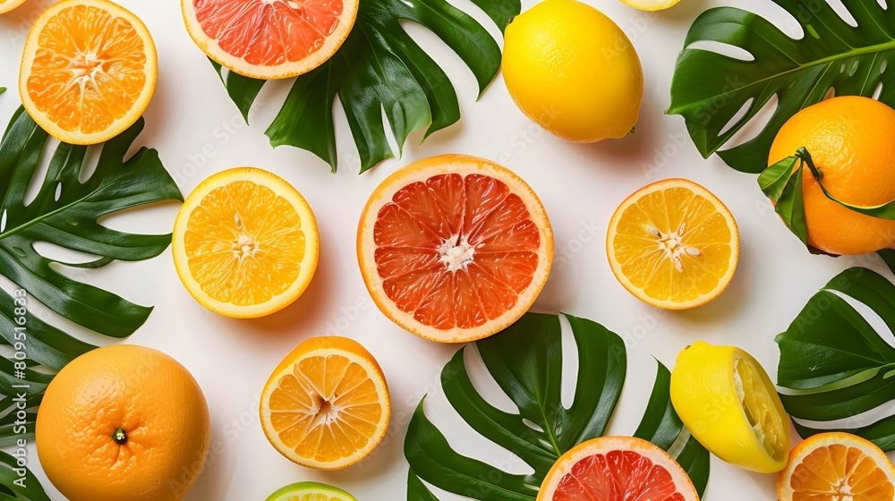 Fruit pattern with oranges, lemons and grapefruits surrounded by tropical leaves on a white background in a flat lay top view. A colorful summer food concept for a banner or poster design presented in Fruit pattern with oranges, lemons and grapefruits surrounded by tropical leaves on a white background in a flat lay top view. A colorful summer food concept for a banner or poster design presented in