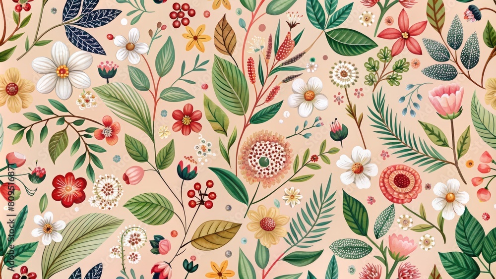 Seamless pattern with colorful flowers and leaves. Seamless pattern with colorful flowers and leaves.