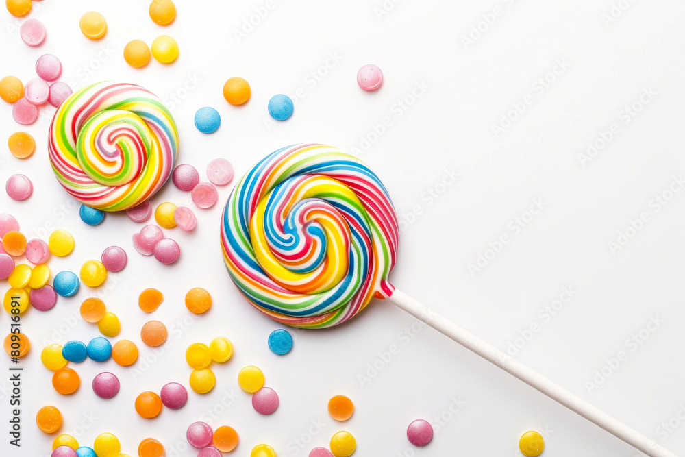 bright and colorful display of candy, featuring a large lollipop in the center bright and colorful display of candy, featuring a large lollipop in the center