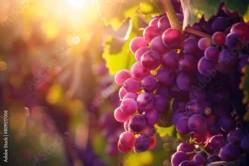bunch of grapes on a vine, illuminated by natural light