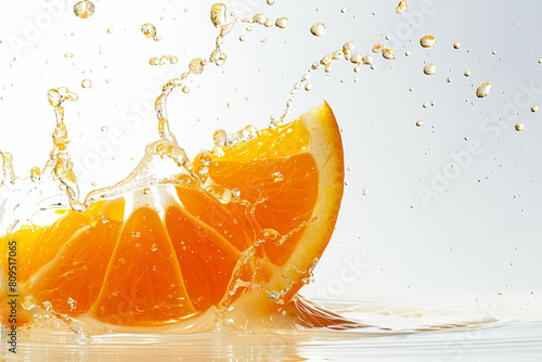 slice of orange making a splash in a  of clear water