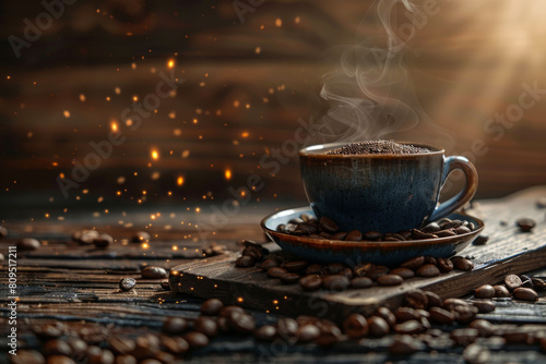 steaming cup of coffee sits on a wooden table by scattered coffee beans