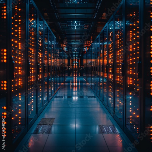 A high-tech data center, with rows of glowing servers: Comprehensive Network Solutions.