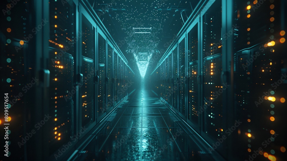 A high-tech data center, with rows of glowing servers: High-Performance Data Operations. A high-tech data center, with rows of glowing servers: High-Performance Data Operations.