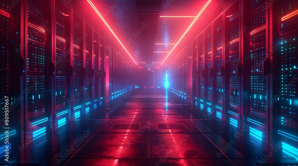 A high-tech data center, with rows of glowing servers: High-Speed Network Operations.