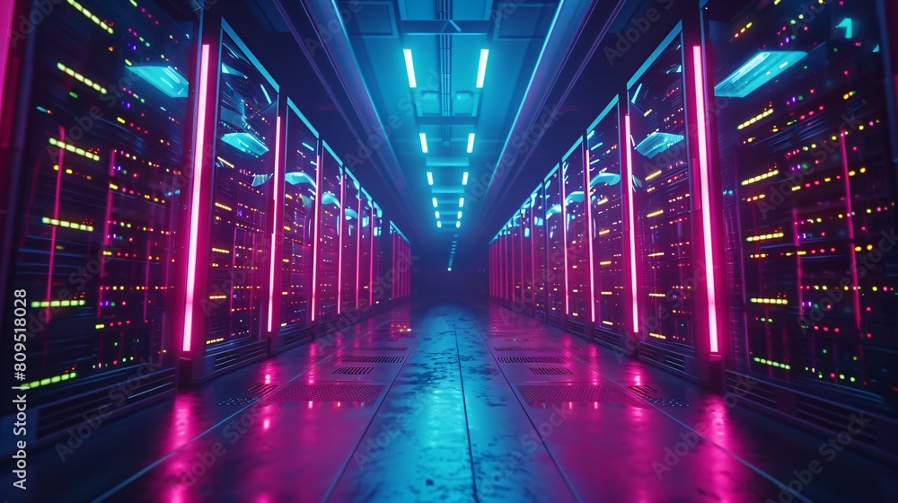 A high-tech data center, with rows of glowing servers: The Future of Network Security.
