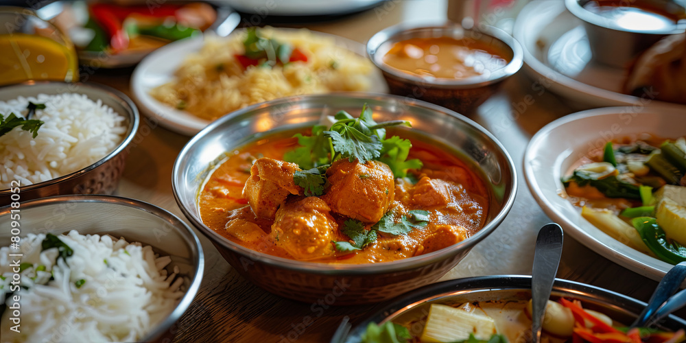 a bowl of chicken curry sits on a table surrounded by rice, vegetables and other dishes, generative AI a bowl of chicken curry sits on a table surrounded by rice, vegetables and other dishes, generative AI