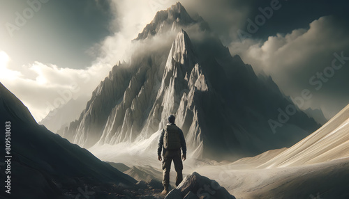 a person standing triumphantly on a hilltop in a dramatic landscape. The atmosphere and setting aim to evoke emotions of strength and achievement. photo