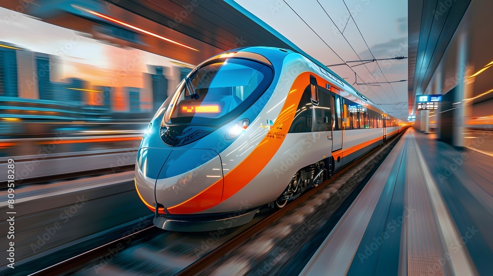 Highspeed train in motion at the station, blurred background, fast moving lights, long exposure, blurred effect, motion blur, fast speed of an express train. Highspeed train in motion at the station, blurred background, fast moving lights, long exposure, blurred effect, motion blur, fast speed of an express train.