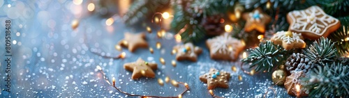 A blue wooden table with Christmas decorations like lights, gingerbread cookies, and pine branches. The table is sprinkled with powdered sugar and the background is blurred. Christmas and New Year cel