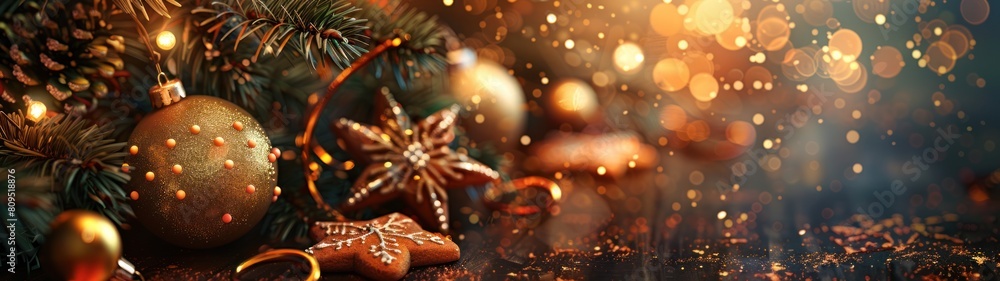 Christmas decorations on a fir branch with gold and red decorations on a dark background. The stage is lit with warm lighting and glittering lights, creating a festive atmosphere. Christmas and New Ye Christmas decorations on a fir branch with gold and red decorations on a dark background. The stage is lit with warm lighting and glittering lights, creating a festive atmosphere. Christmas and New Ye
