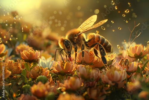 Detailed close-up of a bee gathering nectar from flowers and transforming it into honey, capturing the magic of nature's sweet alchemy.