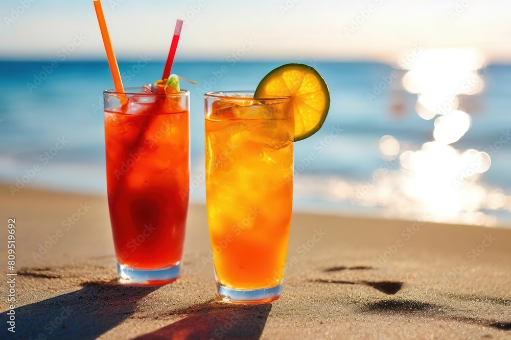 Obraz premium summer bright cocktails in glasses with a straw on the sand on the beach.
