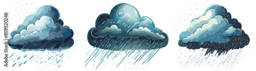 Set of three rain clouds isolated on white background