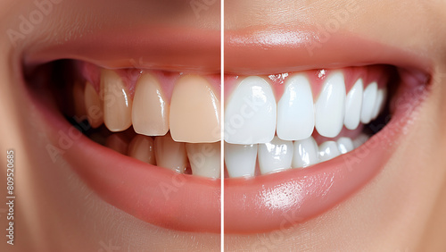 歯のホワイトニング治療の前後の結果を示す拡大分割画像。 左側は汚れた黄色の歯、右側は明るい白い歯