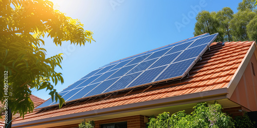 Solar panels on the eco friendly modern roof house with sky background. Renewable green energy concept