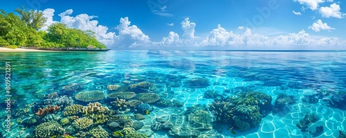A stunning view of a coral atoll surrounded by clear blue waters, with the reef visible just below the surface photo