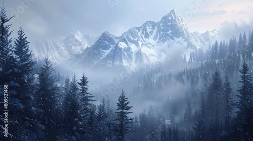 Winter mountains covered in snowy forest photo