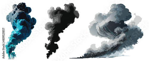 Set of three smoke plumes isolated on white background