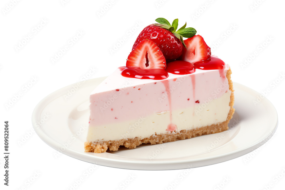 A slice of strawberry cheesecake on a white plate, transparent background A slice of strawberry cheesecake on a white plate, transparent background