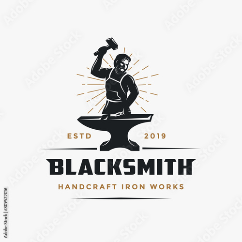 Vintage hipster retro man blacksmith logo icon vector illustration on white background