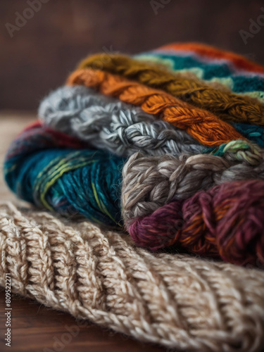 Cozy Comfort, Multicolor Knitted Wool Fabric Sets the Scene with Earthy Tones, Handcrafted from Merino Wool for an Autumn-inspired Background.