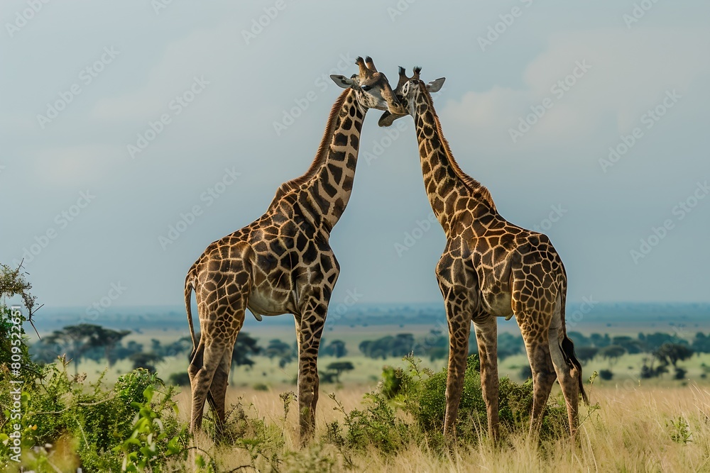 Two majestic giraffes standing close in a wild savanna landscape. Natural beauty captured. Wildlife serenity. Tranquil safari scene. Generative AI